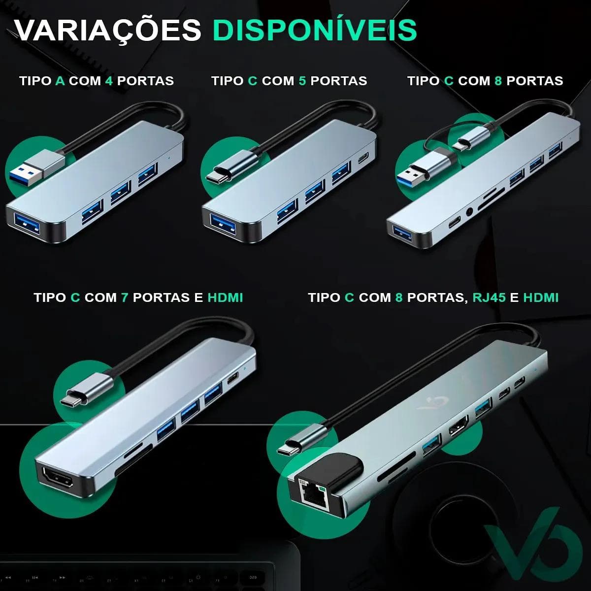 Hub Usb 8 Portas 3.0 E 2.0 Cabo Tipo C + A Híbrido P2 Estéreo Áudio Thunderbolt Extensor Adaptador Dock Station Dex Macbook iPad Computador Pc Notebook Tablet Type C Voxo - view 2