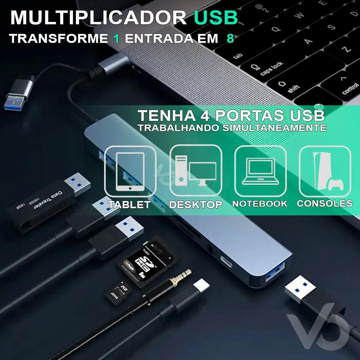 Hub Usb 8 Portas 3.0 E 2.0 Cabo Tipo C + A Híbrido P2 Estéreo Áudio Thunderbolt Extensor Adaptador Dock Station Dex Macbook iPad Computador Pc Notebook Tablet Type C Voxo - view 4