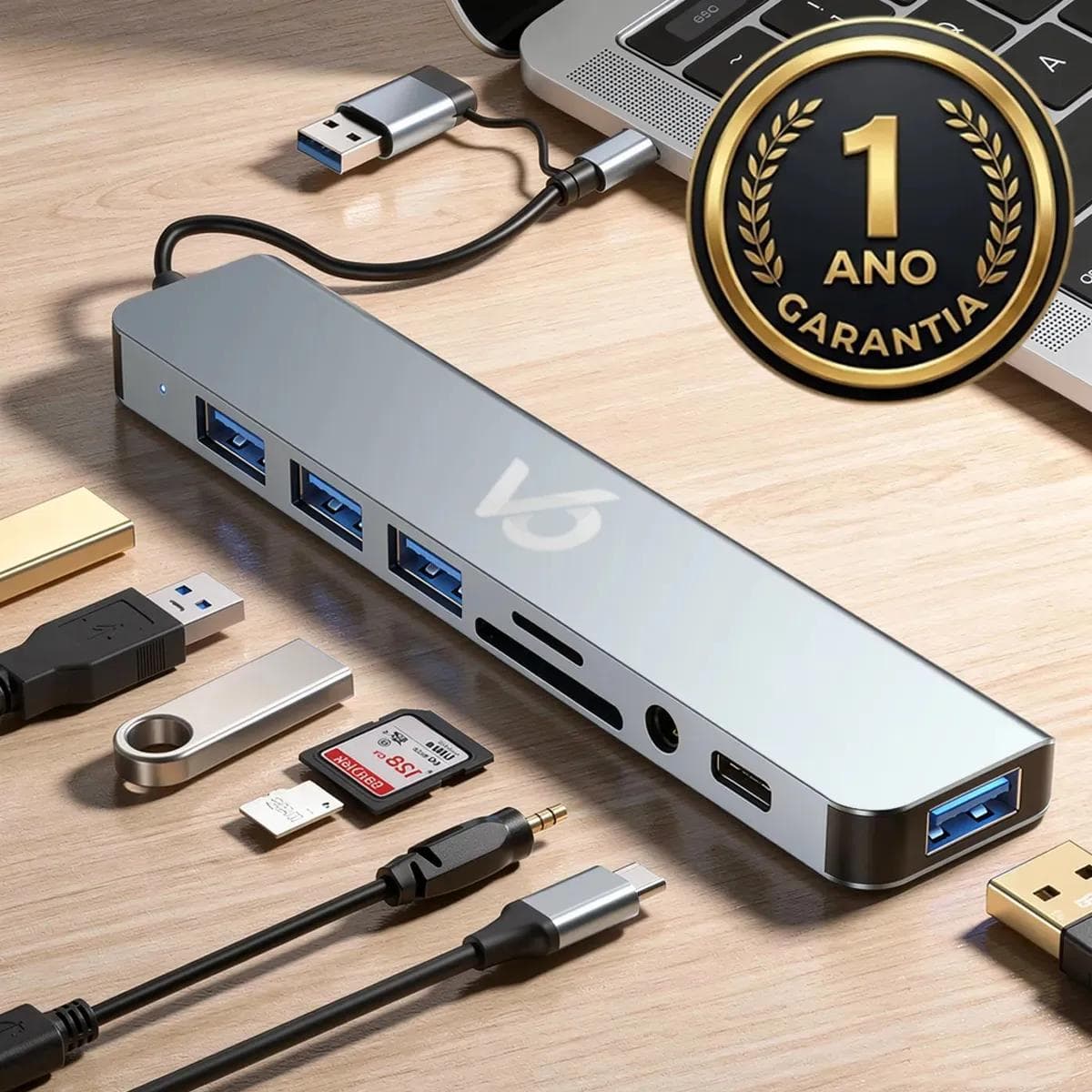 Hub Usb 8 Portas 3.0 E 2.0 Cabo Tipo C + A Híbrido P2 Estéreo Áudio Thunderbolt Extensor Adaptador Dock Station Dex Macbook iPad Computador Pc Notebook Tablet Type C Voxo - view 1